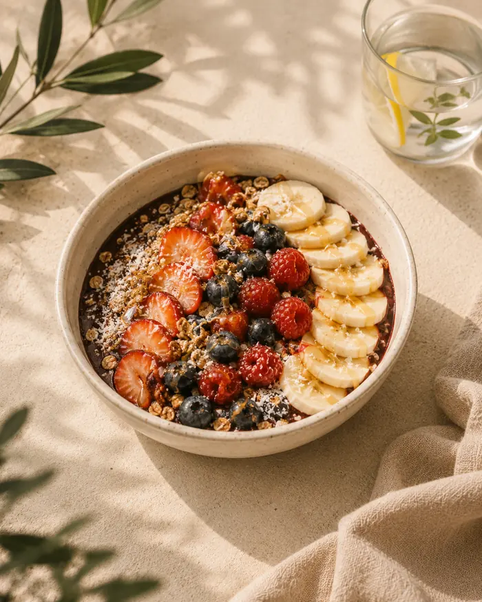 Açaí Bowl – Açaí, Banane, Beeren, Granola, Kokos und Honig