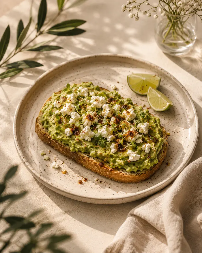 Avocado Toast – Sauerteigbrot, Avocado, Feta, Sprossen, Chiliöl und Limette
