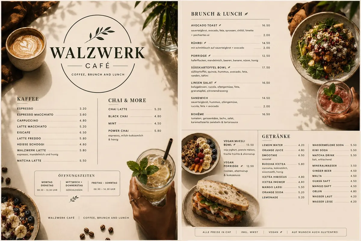 Walzwerk Café Karte mit Kaffee, Bowls und Getränken