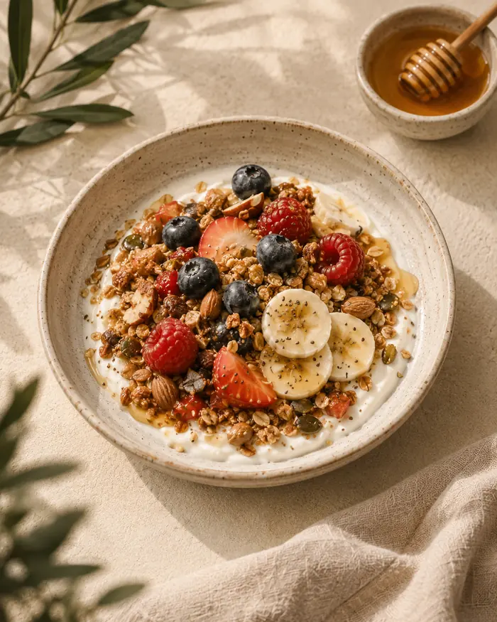 Müesli Bowl – Joghurt, Granola, Beeren, Banane, Nüsse und Honig