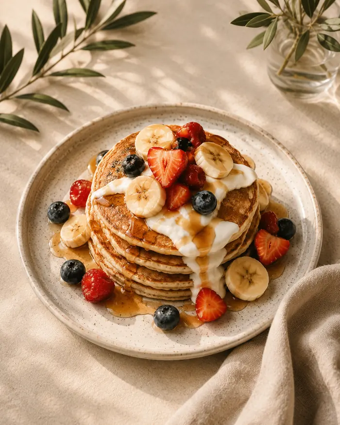 Pancakes – Ahornsirup, Beeren, Banane und Joghurt