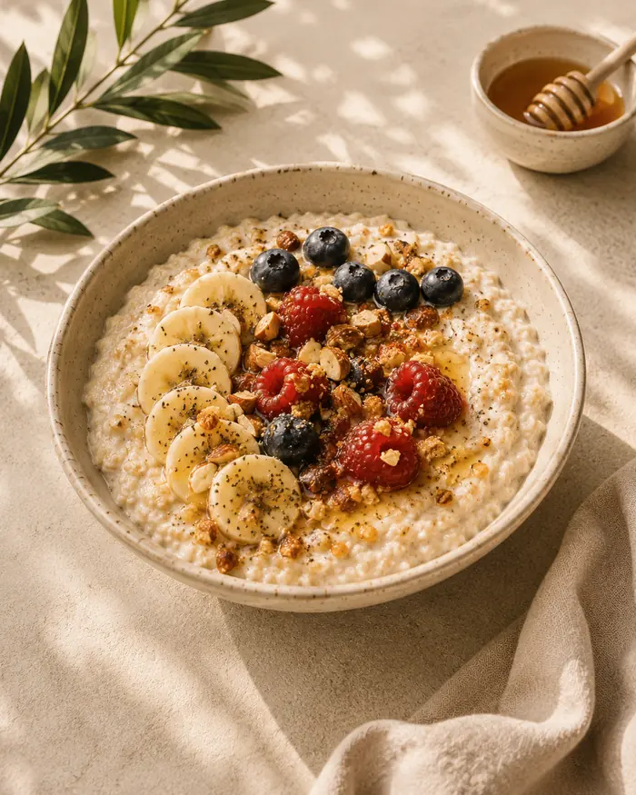 Porridge – Haferflocken, Mandelmilch, Beeren, Banane, Nüsse und Honig